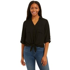 BCX Juniors' Tie-Front Shirt Button Front Black Roll Tab 3/4 Sleeve Size XS